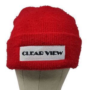 Clear View Red Winter Beanie Hat Cap Embroidered One Size Logo Spell Out